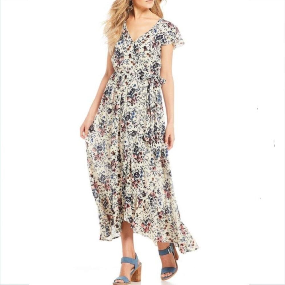 BOG Collective Ivory Pink Floral Wrap Maxi Dress M Ruffle Cottage Feminine NEW